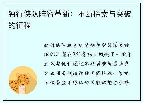 独行侠队阵容革新：不断探索与突破的征程