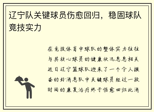 辽宁队关键球员伤愈回归，稳固球队竞技实力